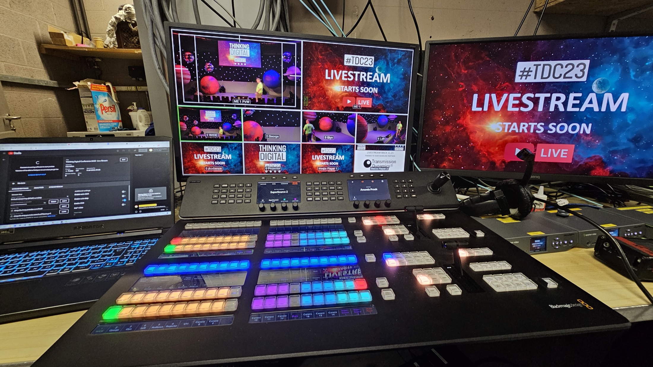 Streaming control desk and monitoring screens